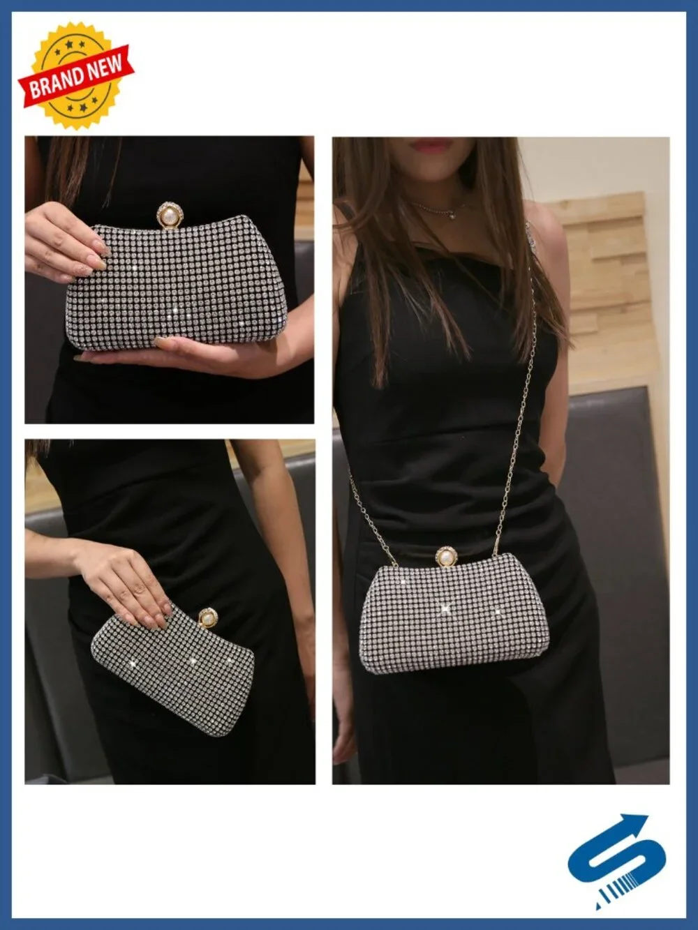 Sparkly Rhinestone Clutch Purse Evening Bag Satin Convertible Crossbody Wedding